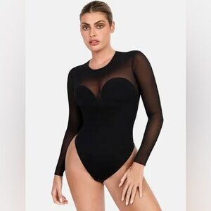 Popilush Sheer Mesh Shapewear Long Sleeve Thong Bodysuit
